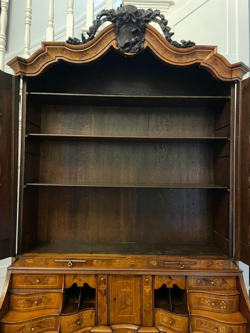 Outstanding Quality 18th Century Antique Dutch Marquetry Inlaid Burr Walnut Bureau Bookcase - Image 3